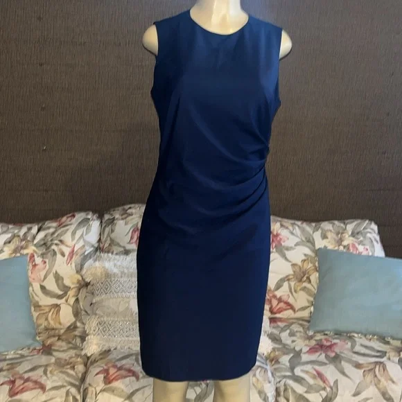 NWT Theory Sleeveless Front Ruching Sheath Dress, Sea Blue - Picture 7 of 15